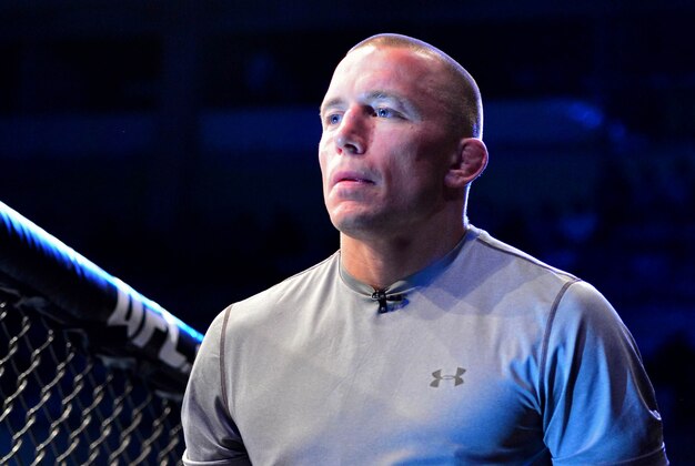 Feb 15, 2014; Jaragua do Sul, SC, Brazil; Georges St-Pierre before a fight between Ronaldo Souza (red gloves) and Francis Carmont (blue gloves) during UFC Fight Night Machida vs Mousasi at Arena Jaragua. Mandatory Credit: Jason Silva-USA TODAY Sports