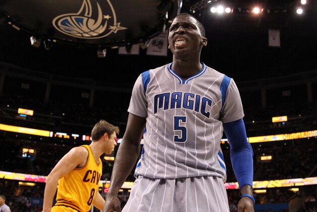 Dec 26, 2014; Orlando, FL, USA; Orlando Magic guard Victor Oladipo (5) reacts after he dunked over Cleveland Cavaliers forward LeBron James (not pictured) during the second half at Amway Center. Cleveland Cavaliers defeated the Orlando Magic 98-89. Mandatory Credit: Kim Klement-USA TODAY Sports