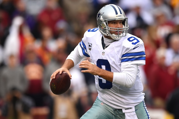 LANDOVER, MD - DECEMBER 28: Quarterback Tony Romo #9 of the Dallas Cowboys looks to pass against the Washington Redskins in the second quarter at FedExField on December 28, 2014 in Landover, Maryland. (Photo by Patrick Smith/Getty Images)