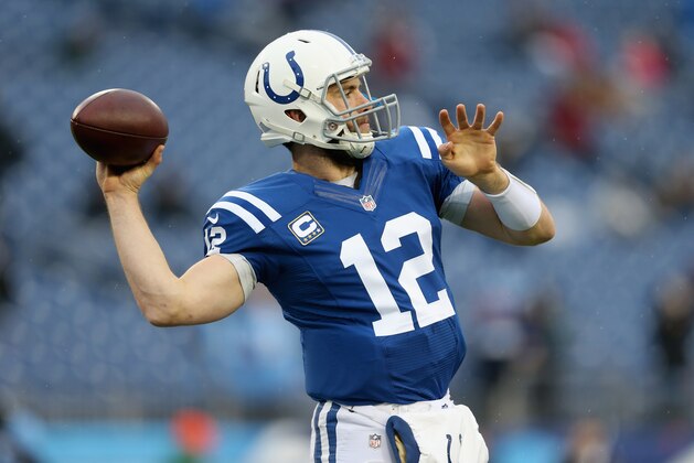 NASHVILLE, TN - DECEMBER 28:  Andrew Luck #12 of the Indianapolis Colts throws a pass before the game against the Tennessee Titans at LP Field on December 28, 2014 in Nashville, Tennessee.  (Photo by Andy Lyons/Getty Images)