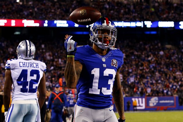EAST RUTHERFORD, NJ - NOVEMBER 23:  Odell Beckham #13 of the New York Giants celebrates after scoring a touchdown in the second quarter against the Dallas Cowboys at MetLife Stadium on November 23, 2014 in East Rutherford, New Jersey.  (Photo by Al Bello/Getty Images)