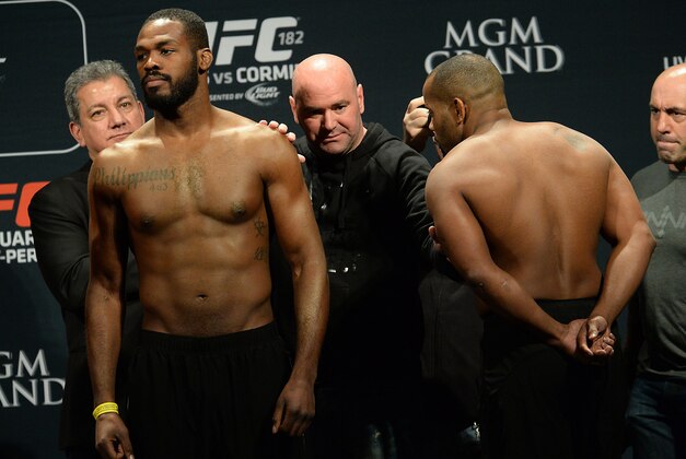 Jan 2, 2015; Las Vegas, NV, USA;   UFC President Dana White separates Jon Jones and Daniel Cormier during the weigh in for their Light Heavyweight Title Bout at MGM Grand Garden Arena. Mandatory Credit: Jayne Kamin-Oncea-USA TODAY Sports