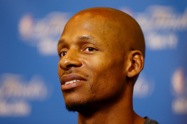 SAN ANTONIO, TX - JUNE 06:  Ray Allen #34 of the Miami Heat speaks to the media on a practice day following Game One of the 2014 NBA Finals against the San Antonio Spurs at the Spurs Practice Facility on June 6, 2014 in San Antonio, Texas. NOTE TO USER: User expressly acknowledges and agrees that, by downloading and or using this photograph, User is consenting to the terms and conditions of the Getty Images License Agreement.  (Photo by Andy Lyons/Getty Images)