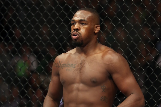 Jon Jones is seen in the ring before his UFC 159 Mixed Martial Arts light heavyweight title bout in Newark, NJ, Saturday, April 27,2013.  Jones retained his title via first round TKO. (AP Photo/Gregory Payan)