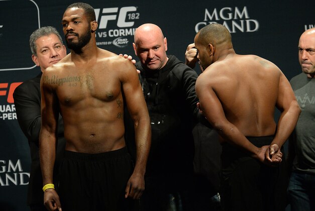 Jan 2, 2015; Las Vegas, NV, USA;   UFC President Dana White separates Jon Jones and Daniel Cormier during the weigh in for their Light Heavyweight Title Bout at MGM Grand Garden Arena. Mandatory Credit: Jayne Kamin-Oncea-USA TODAY Sports