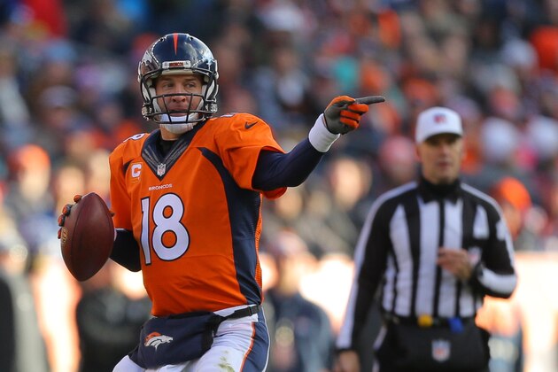 DENVER, CO - DECEMBER 28:  Quarterback Peyton Manning #18 of the Denver Broncos drops back to pass against the Oakland Raiders during a game at Sports Authority Field at Mile High on December 28, 2014 in Denver, Colorado.  (Photo by Justin Edmonds/Getty Images)