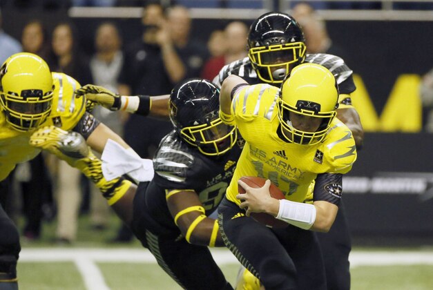 Jan 4, 2014; San Antonio, TX, USA; West quarterback Kyle Allen (10) tries to escape from pressure during U.S. Army All-American Bowl high school football game at the Alamodome. Mandatory Credit: Soobum Im-USA TODAY Sports