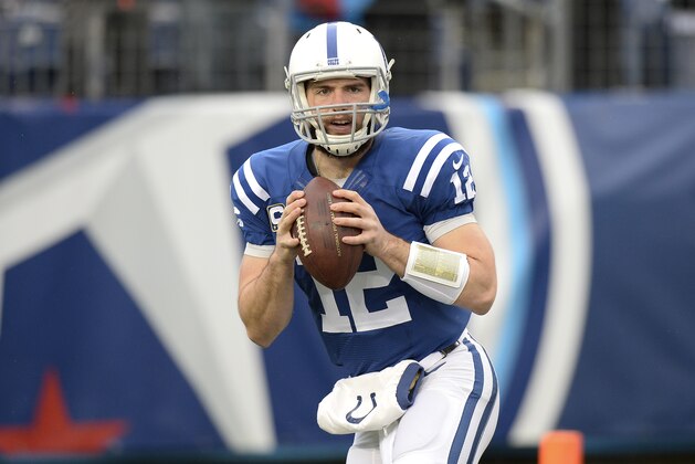 Indianapolis Colts quarterback Andrew Luck warms up before an NFL football game against the Tennessee Titans Sunday, Dec. 28, 2014, in Nashville, Tenn. (AP Photo/Mark Zaleski)