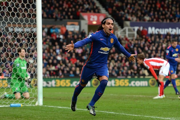 STOKE ON TRENT, ENGLAND - JANUARY 01:  Radamel Falcao of Manchester United  celebrates scoring his team's first goal during the Barclays Premier League match between Stoke City and Manchester United at Britannia Stadium on January 1, 2015 in Stoke on Trent, England.  (Photo by Gareth Copley/Getty Images)