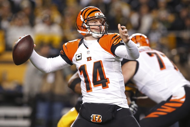 Dec 28, 2014; Pittsburgh, PA, USA; Cincinnati Bengals quarterback Andy Dalton (14) passes against the Pittsburgh Steelers during the second quarter at Heinz Field. Mandatory Credit: Charles LeClaire-USA TODAY Sports