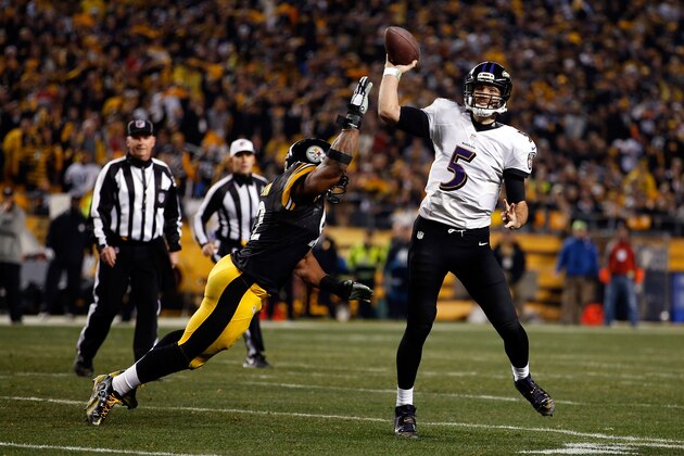 PITTSBURGH, PA - JANUARY 03: Joe Flacco #5 of the Baltimore Ravens throws under pressure from  James Harrison #92 of the Pittsburgh Steelers during their AFC Wild Card game at Heinz Field on January 3, 2015 in Pittsburgh, Pennsylvania.  (Photo by Gregory Shamus/Getty Images)