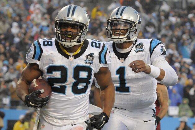 Carolina Panthers running back Jonathan Stewart (28) celebrates his touchdown with Cam Newton in the first half of an NFL wild card playoff football game against the Arizona Cardinals in Charlotte, N.C., Saturday, Jan. 3, 2015. (AP Photo/Mike McCarn)