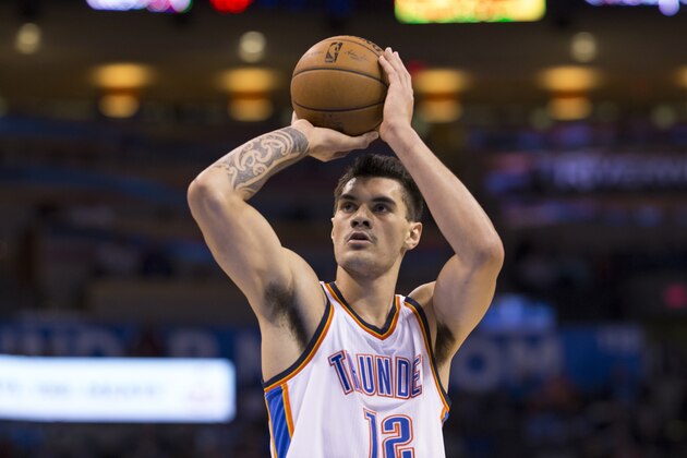 OKLAHOMA CITY, OK - DECEMBER 14: Steven Adams #12 of the Oklahoma City Thunder attempts a free throw against the Oklahoma City Thunder at the Chesapeake Energy Arena  on December 14, 2013 in Oklahoma City, Oklahoma. NOTE TO USER:  User expressly acknowledges and agrees that, by downloading and/or using this photograph, user is consenting to the terms and conditions of the Getty Images License Agreement. Mandatory Copyright Notice:  Copyright 2014 NBAE (Photo by Richard Rowe/NBAE via Getty Images)