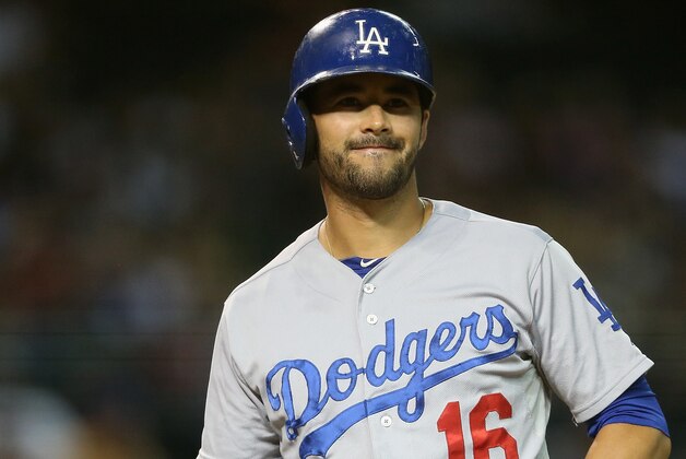 PHOENIX, AZ - AUGUST 26:  Andre Ethier #16 of the Los Angeles Dodgers reacts to a strike call as he bats against the Arizona Diamondbacks during the seventh inning of the MLB game at Chase Field on August 26, 2014 in Phoenix, Arizona.  (Photo by Christian Petersen/Getty Images)
