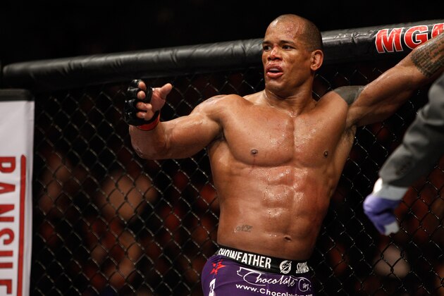 LAS VEGAS, NV - JANUARY 03:  Hector Lombard is shown following a three-round welterweight fight against Josh Burkman (R) during the UFC 182 event in the MGM Grand Garden Arena on January 3, 2015 in Las Vegas, Nevada. Lombard won by unanimous decision.  (Photo by Steve Marcus/Getty Images)