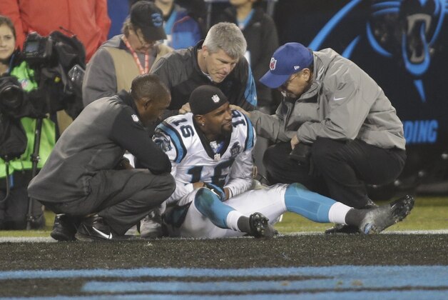Carolina Panthers wide receiver Philly Brown (16) is attended to after an injury against the Arizona Cardinals in the first half of an NFL wild card playoff football game in Charlotte, N.C., Saturday, Jan. 3, 2015. (AP Photo/Bob Leverone)