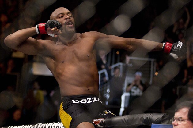 Anderson Silva celebrates after knocking out Vitor Belfort in the first round of a middleweight title UFC 126 mixed martial arts bout, Saturday, Feb. 5, 2011, in Las Vegas. (AP Photo/Julie Jacobson)