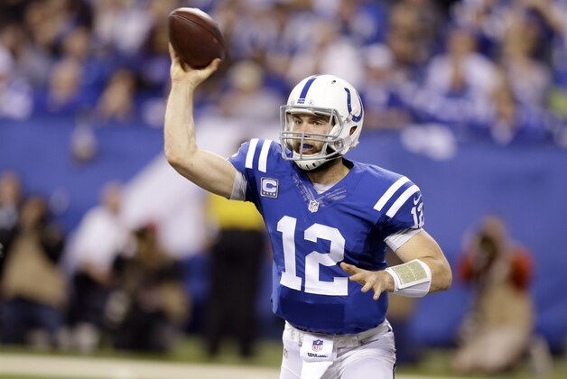 Indianapolis Colts quarterback Andrew Luck throws during the first half of an NFL wildcard playoff football game against the Cincinnati Bengals Sunday, Jan. 4, 2015, in Indianapolis. (AP Photo/Michael Conroy)