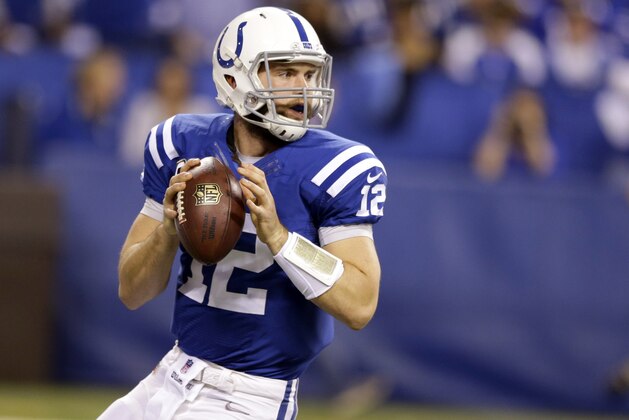 Indianapolis Colts quarterback Andrew Luck drops back to pass during the first half of an NFL wildcard playoff football game against the Cincinnati Bengals Sunday, Jan. 4, 2015, in Indianapolis. (AP Photo/Michael Conroy)