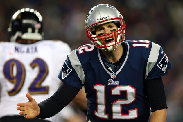 FOXBORO, MA - JANUARY 20:  Tom Brady #12 of the New England Patriots reacts after a play against the Baltimore Ravens during the 2013 AFC Championship game at Gillette Stadium on January 20, 2013 in Foxboro, Massachusetts.  (Photo by Elsa/Getty Images)