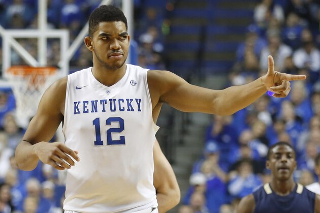 Nov 23, 2014; Lexington, KY, USA; Kentucky Wildcats forward Karl-Anthony Towns (12) reacts toward the bench during the game against the Montana State Bobcats in the second half at Rupp Arena. Kentucky defeated Montana State 86-28. Mandatory Credit: Mark Zerof-USA TODAY Sports