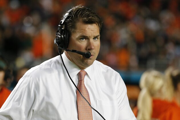 MIAMI GARDENS, FL - NOVEMBER 29: Head coach Al Golden of the Miami Hurricanes looks on during first quarter action against the Pittsburgh Panthers on November 29, 2014 at Sun Life Stadium in Miami Gardens, Florida. (Photo by Joel Auerbach/Getty Images)