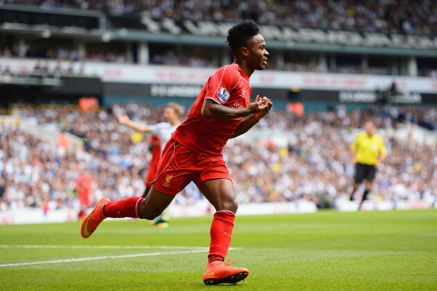 LONDON, ENGLAND - AUGUST 31:  Raheem Sterling of Liverpool celebrates scoring the opening goal during the Barclays Premier League match between Tottenham Hotspur and Liverpool at White Hart Lane on August 31, 2014 in London, England.  (Photo by Jamie McDonald/Getty Images)