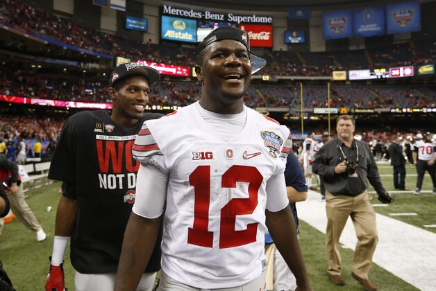 Jan 1, 2015; New Orleans, LA, USA; Ohio State Buckeyes quarterback Cardale Jones (12) celebrates after the game against the Alabama Crimson Tide in the 2015 Sugar Bowl at Mercedes-Benz Superdome. The Buckeyes beat the Crimson Tide 42-35. Mandatory Credit: Matthew Emmons-USA TODAY Sports