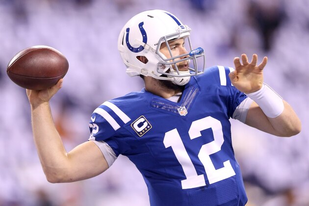 INDIANAPOLIS, IN - JANUARY 04:  Andrew Luck #12 of the Indiamapolis Colts throws in the pregame warmup before playing the Cincinnati Bengals during their AFC wild card game at Lucas Oil Stadium on January 4, 2015 in Indianapolis, Indiana.  (Photo by Andy Lyons/Getty Images)