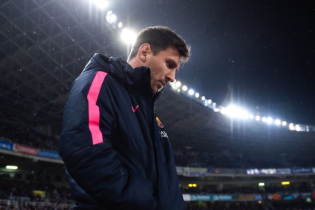 SAN SEBASTIAN, SPAIN - JANUARY 04:  Lionel Messi of FC Barcelona looks on prior to the La Liga match between Real Sociedad de Futbol and FC Barcelona at Estadio Anoeta on January 4, 2015 in San Sebastian, Spain.  (Photo by David Ramos/Getty Images)