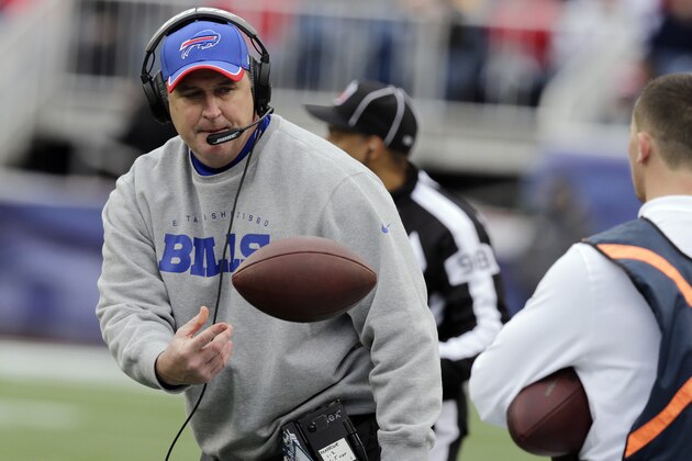 Buffalo Bills head coach Doug Marrone tosses the football to an equipment assistant in the first half of an NFL football game against the New England Patriots Sunday, Dec. 28, 2014, in Foxborough, Mass. (AP Photo/Charles Krupa)