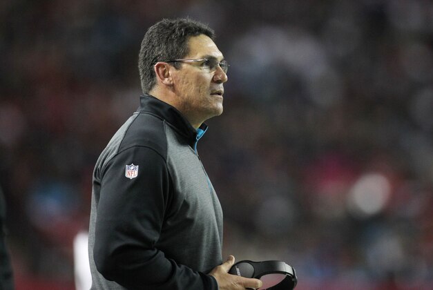 Dec 28, 2014; Atlanta, GA, USA; Carolina Panthers head coach Ron Rivera coaches against the Atlanta Falcons in the third quarter at the Georgia Dome. The Panthers defeated the Falcons 34-3. Mandatory Credit: Brett Davis-USA TODAY Sports