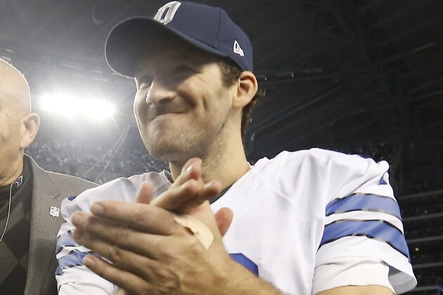 Dallas Cowboys quarterback Tony Romo (9) celebrates after an NFL wildcard playoff football game against the Detroit Lions, Sunday, Jan. 4, 2015, in Arlington, Texas. The Cowboys won 24-20. (AP Photo/Brandon Wade)