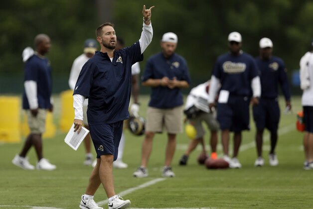St. Louis Rams offensive coordinator Brian Schottenheimer is seen during training camp at the NFL football team's practice facility Saturday, July 26, 2014, in St. Louis. (AP Photo/Jeff Roberson)