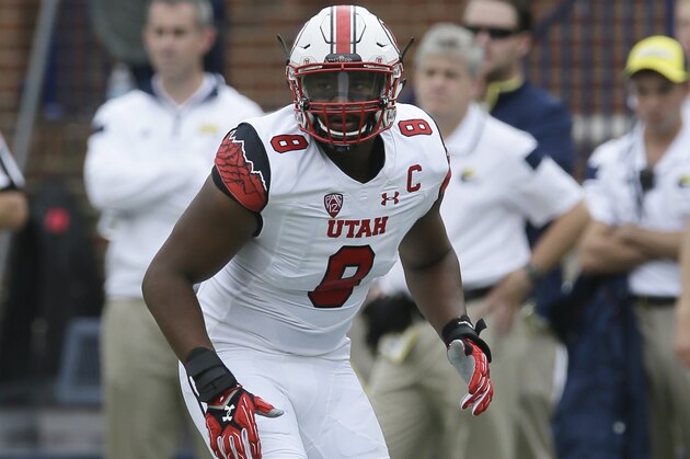 Utah defensive end Nate Orchard (8) is seen during the first half of an NCAA college football game against Michigan in Ann Arbor, Mich., Saturday, Sept. 20, 2014.  (AP Photo/Carlos Osorio)