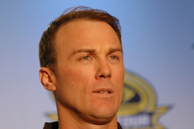 Kevin Harvick waits for media questions.