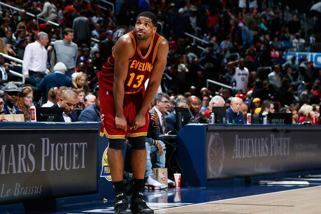 ATLANTA, GA - DECEMBER 30:  Tristan Thompson #13 of the Cleveland Cavaliers reacts after fouling out in the final seconds of their 109-101 loss to the Atlanta Hawks at Philips Arena on December 30, 2014 in Atlanta, Georgia.  NOTE TO USER: User expressly acknowledges and agrees that, by downloading and or using this photograph, User is consenting to the terms and conditions of the Getty Images License Agreement.  (Photo by Kevin C. Cox/Getty Images)