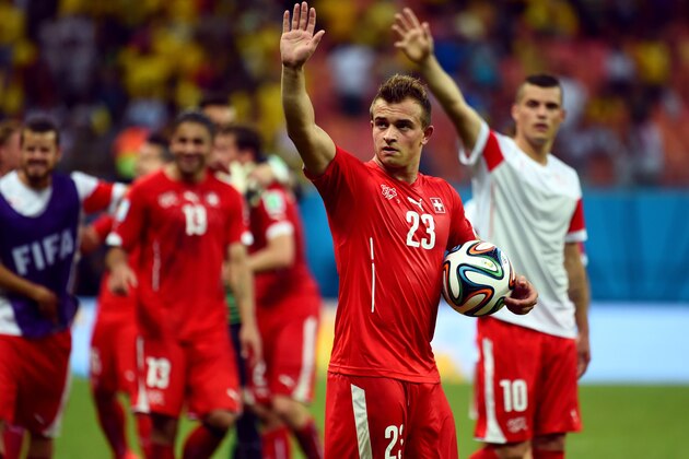 MANAUS, BRAZIL - JUNE 25:  Xherdan Shaqiri of Switzerland acknowledges the fans after a 3-0 victory over Honduras in the 2014 FIFA World Cup Brazil Group E match between Honduras and Switzerland at Arena Amazonia on June 25, 2014 in Manaus, Brazil.  (Photo by Stu Forster/Getty Images)