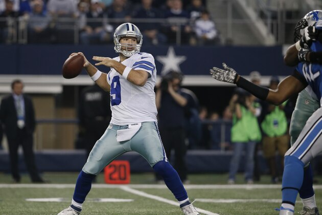 Dallas Cowboys quarterback Tony Romo (9) throws a pass during the first half of an NFL wildcard playoff football game against the Detroit Lions, Sunday, Jan. 4, 2015, in Arlington, Texas. (AP Photo/Tony Gutierrez)