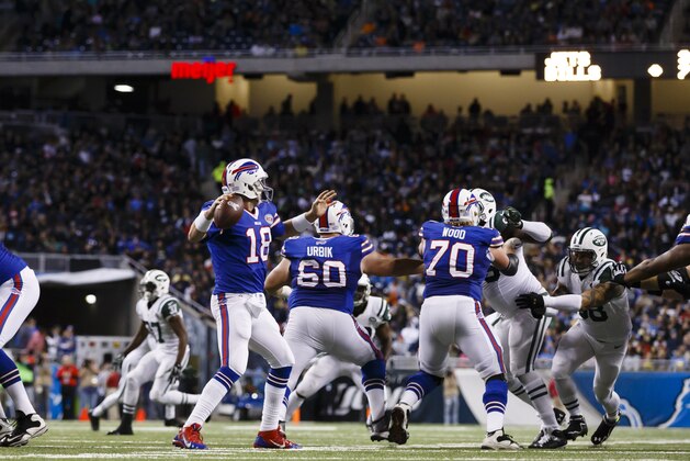 Buffalo Bills quarterback Kyle Orton (18) passes the ball against the New York Jets during an NFL football game at Ford Field in Detroit, Monday, Nov. 24, 2014. (AP Photo/Rick Osentoski)