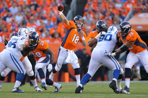 DENVER, CO - SEPTEMBER 7:  Quarterback Peyton Manning #18 of the Denver Broncos passes against the Indianapolis Colts int he first quarter during a game at Sports Authority Field at Mile High on September 7, 2014 in Denver, Colorado.  (Photo by Justin Edmonds/Getty Images)