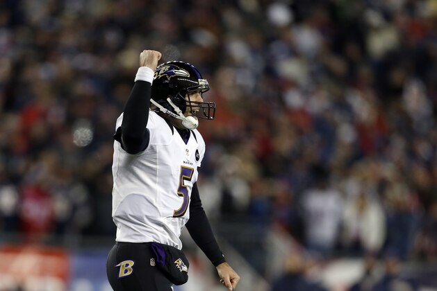 Baltimore Ravens quarterback Joe Flacco (5) reacts after throwing an 11-yard touchdown pass to Anquan Boldin during the second half of the NFL football AFC Championship football game against the New England Patriots in Foxborough, Mass., Sunday, Jan. 20, 2013. (AP Photo/Charles Krupa) Baltimore Ravens quarterback Joe Flacco (5) reacts after throwing an 11-yard touchdown pass to Anquan Boldin during the second half of the NFL football AFC Championship football game against the New England Patriots in Foxborough, Mass., Sunday, Jan. 20, 2013. (AP Photo/Charles Krupa)