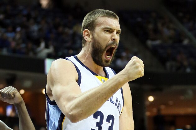 Dec 9, 2014; Memphis, TN, USA; Memphis Grizzlies center Marc Gasol (33) celebrates after a play against the Dallas Mavericks in the first quarter at FedExForum. Mandatory Credit: Nelson Chenault-USA TODAY Sports
