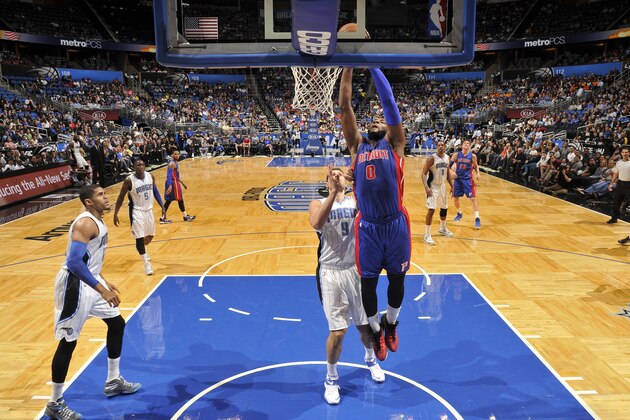 ORLANDO, FL - DECEMBER 30:  Andre Drummond #0 of the Detroit Pistons goes to the basket against the Orlando Magic on December 30, 2014 at Amway Center in Orlando, Florida. NOTE TO USER: User expressly acknowledges and agrees that, by downloading and or using this photograph, User is consenting to the terms and conditions of the Getty Images License Agreement. Mandatory Copyright Notice: Copyright 2014 NBAE (Photo by Fernando Medina/NBAE via Getty Images)
