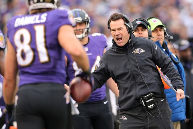 Dec 14, 2014; Baltimore, MD, USA; Baltimore Ravens offensive coordinator Gary Kubiak congratulates tight end Owen Daniels (81) after his touchdown catch against the Jacksonville Jaguars at M&T Bank Stadium. Mandatory Credit: Mitch Stringer-USA TODAY Sports
