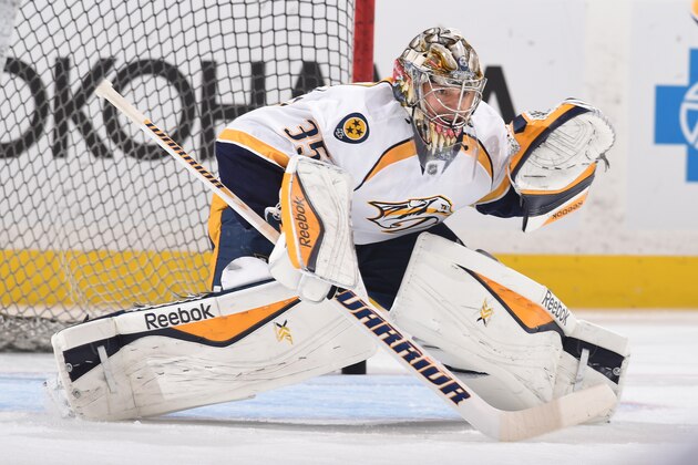 BOSTON, MA - DECEMBER 23: Pekka Rinne #35 of the Nashville Predators during warm ups before the game against the Boston Bruins at the TD Garden on December 23, 2014 in Boston, Massachusetts.  (Photo by Steve Babineau/NHLI via Getty Images)