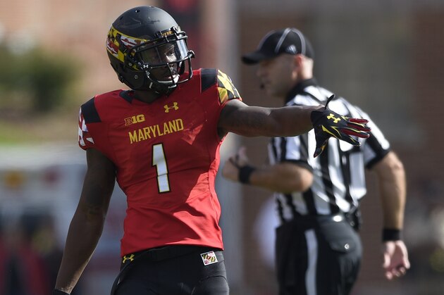 Maryland wide receiver Stefon Diggs (1) gestures during the first half of an NCAA college football game against Iowa, Saturday, Oct. 18, 2014, in College Park, Md. (AP Photo/Nick Wass)