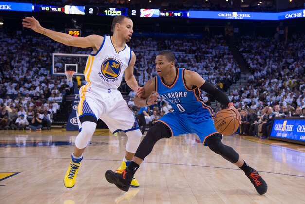 January 5, 2015; Oakland, CA, USA; Oklahoma City Thunder guard Russell Westbrook (0) dribbles the basketball against Golden State Warriors guard Stephen Curry (30) during the first quarter at Oracle Arena. Mandatory Credit: Kyle Terada-USA TODAY Sports