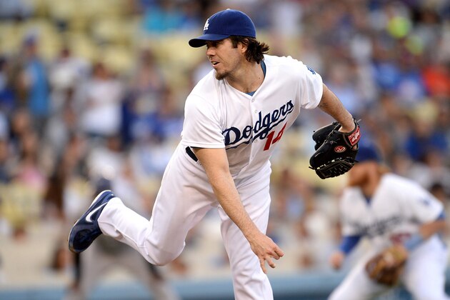 Sep 27, 2014; Los Angeles, CA, USA;  Los Angeles Dodgers starting pitcher Dan Haren (14) in the first inning of the game against the Colorado Rockies at Dodger Stadium. Mandatory Credit: Jayne Kamin-Oncea-USA TODAY Sports