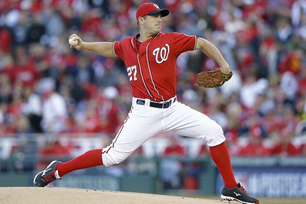 Washington Nationals starting pitcher Jordan Zimmermann (27) throws in the first inning in Game 2 of baseball's NL Division Series against the San Francisco Giants in Nationals Park, Saturday, Oct. 4, 2014, in Washington. (AP Photo/Patrick Semansky)